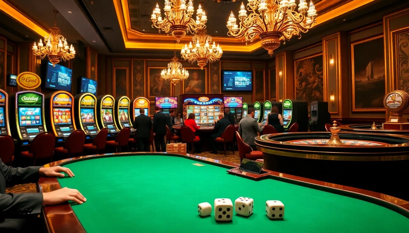 Experience the thrill of nhà cái vua99 with an elegant casino scene featuring poker and slot games.