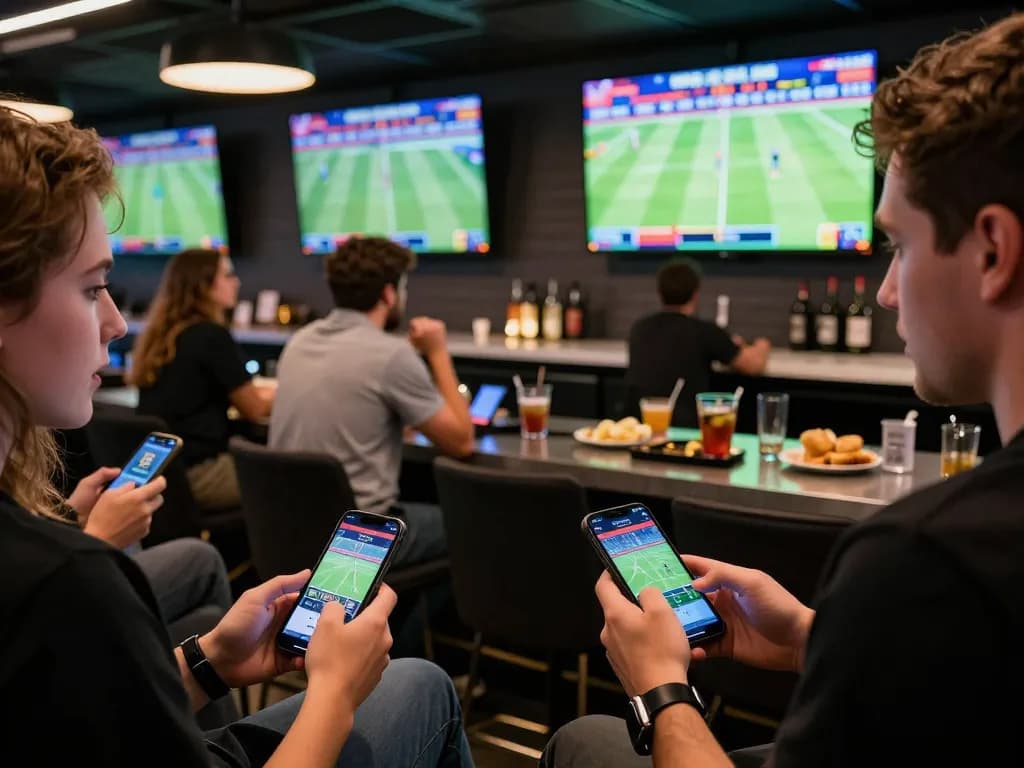 Engaging in kèo nhà cái with friends while placing sports bets on mobile devices in a vibrant lounge