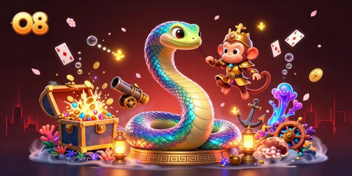 Experience the vibrant energy of O8 with a magical casino scene featuring a rainbow serpent and playful characters.