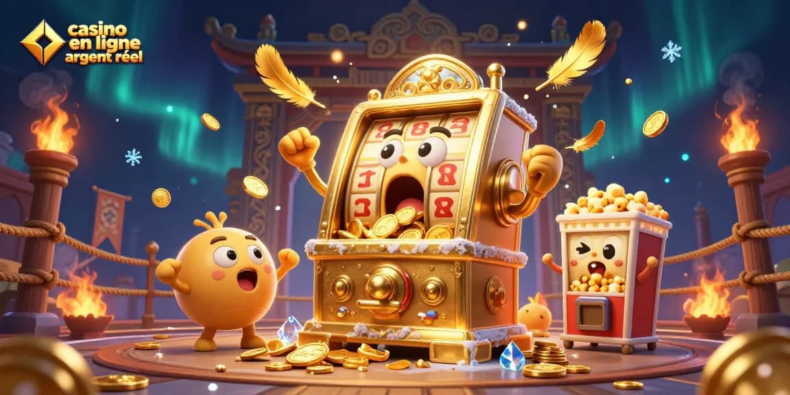 Jouez au casino en ligne argent réel avec des machines à sous et des jetons d'or dans une scène dynamique.