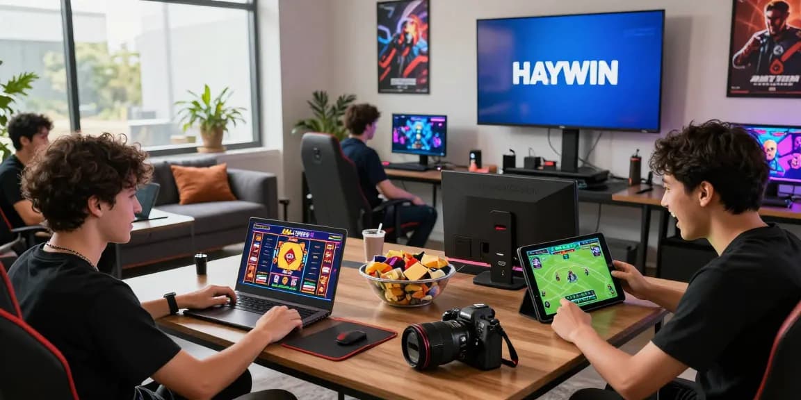 Haywin gaming community enjoying diverse online games in a vibrant lounge atmosphere.