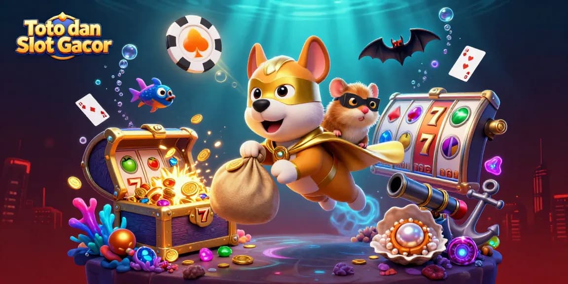 Toto dan Slot Gacor delights players with a superhero dog and coin-collecting action in a vibrant casino scene.