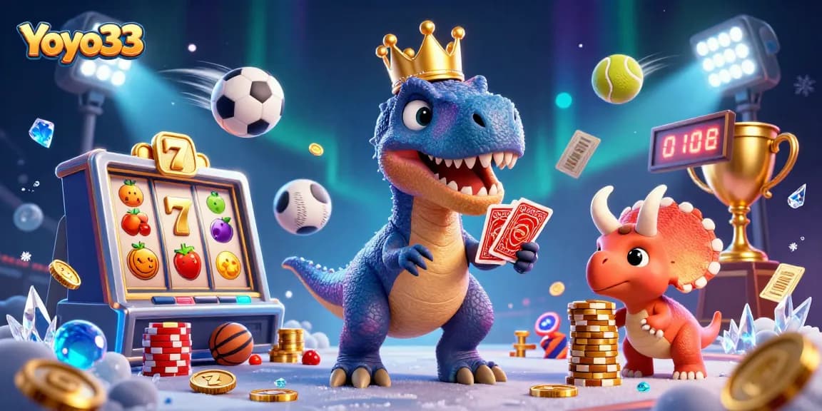 Engage with Yoyo33 through an exhilarating card game scene featuring dinosaurs and sports elements.