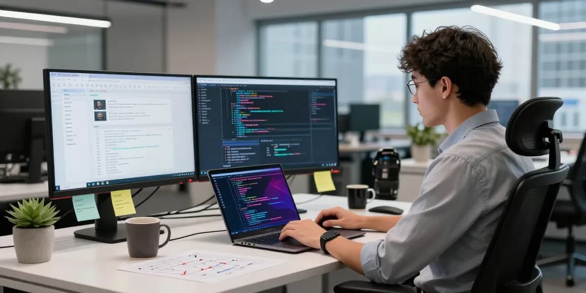 Engineer coding at a modern desk in a vibrant office showcasing telegram官网 features and innovative workspace.