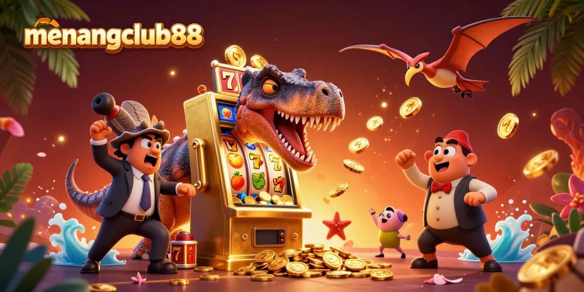Experience exciting wins with menangclub88 as cartoon dinosaurs gamble for jackpot coins.