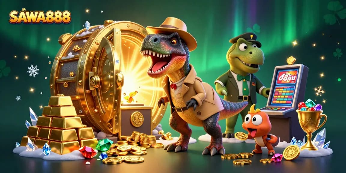 SAWA888 players spin the slot reels in a vibrant casino scene with gold and jewels.