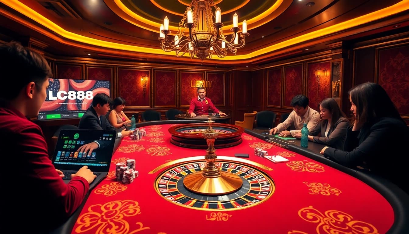 Experience the excitement of Lc88 with players at a casino table winning big.