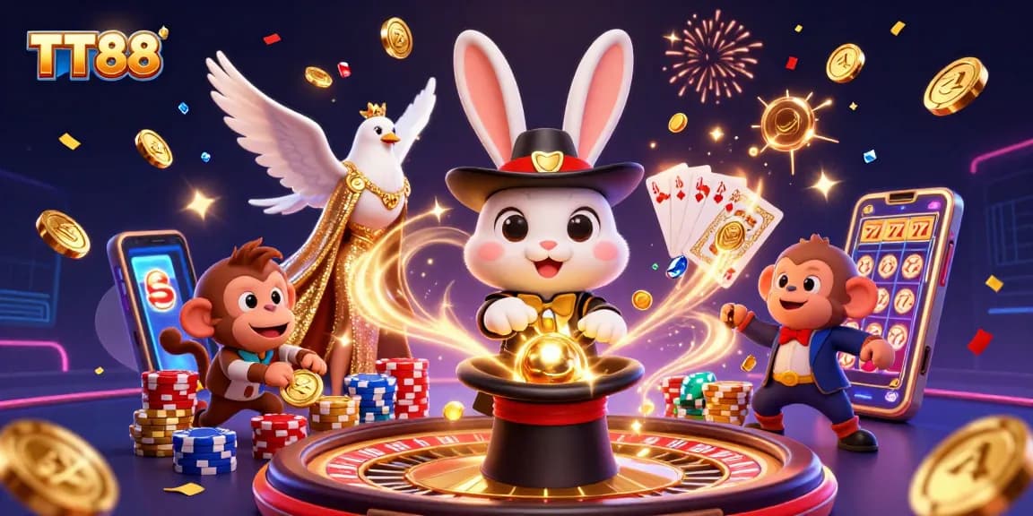 Spin your luck with TT88 in this vibrant casino-themed 3D digital illustration showcasing excitement and winning.