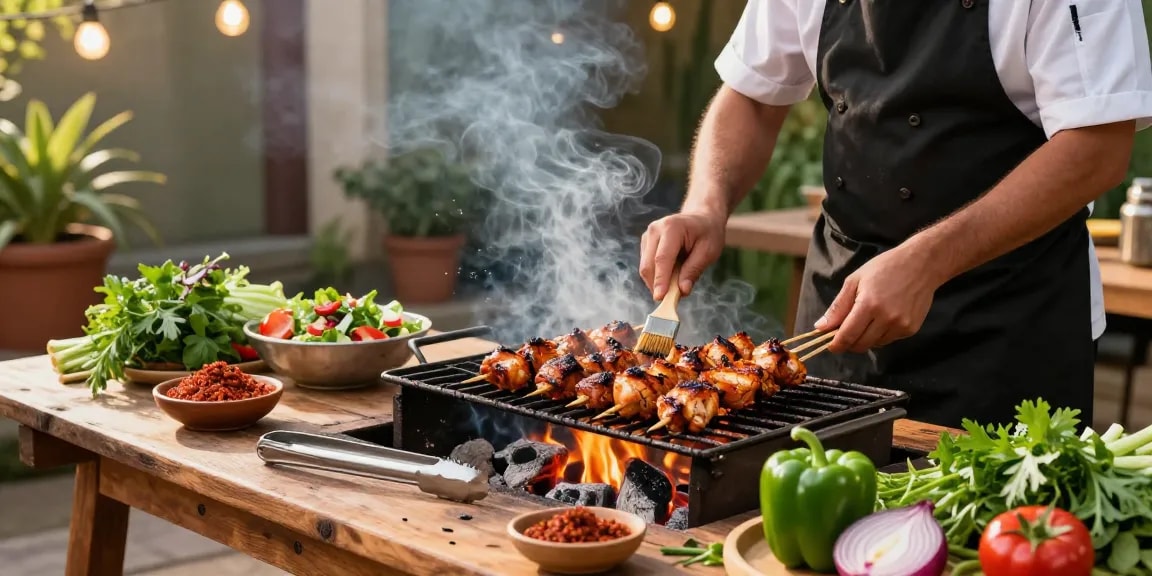 Grilled chicken skewers with sambal rawit by rokok88 capture outdoor barbecue festivity.