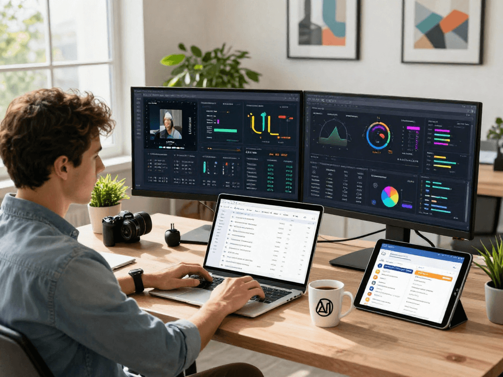 AI image detector in action at a modern workspace, analyzing content moderation with high accuracy.