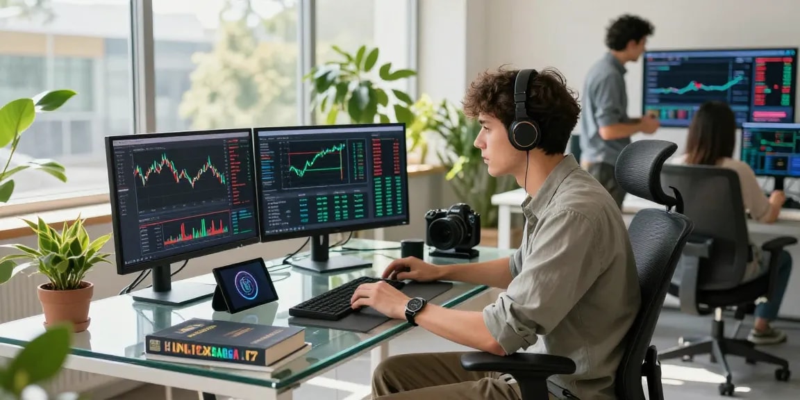 Trader analyzing charts on XXKK Crypto Exchange in a modern workspace.