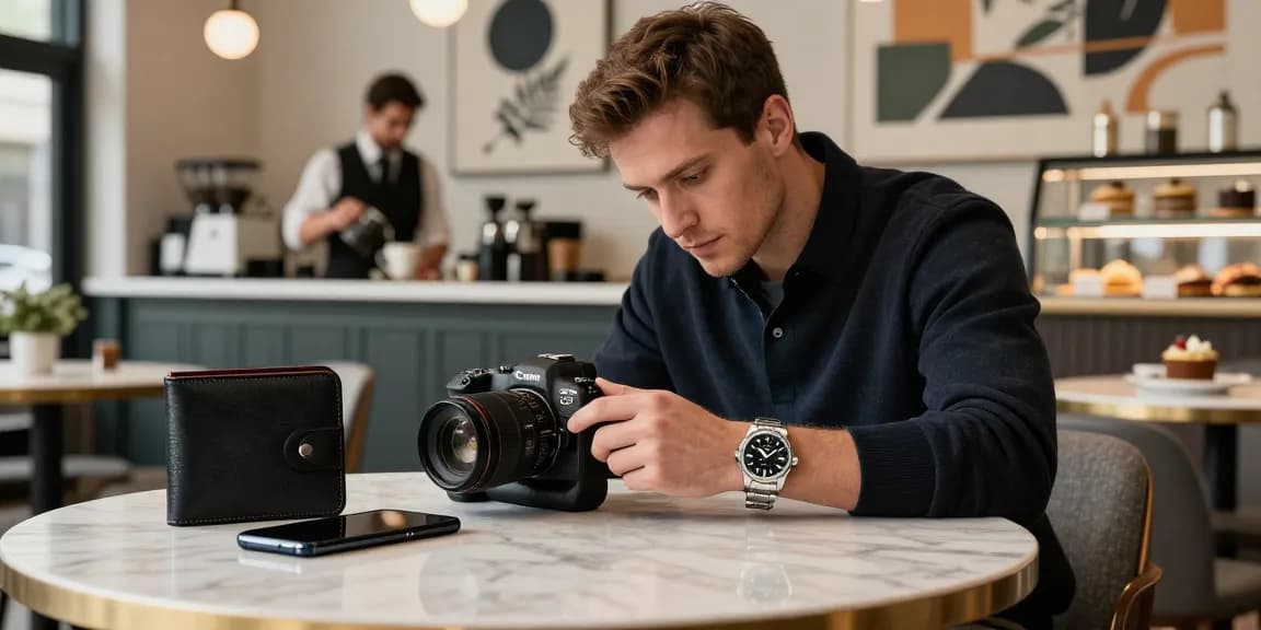 Detailed replica watch showcased on a stylish café table with high-end accessories.
