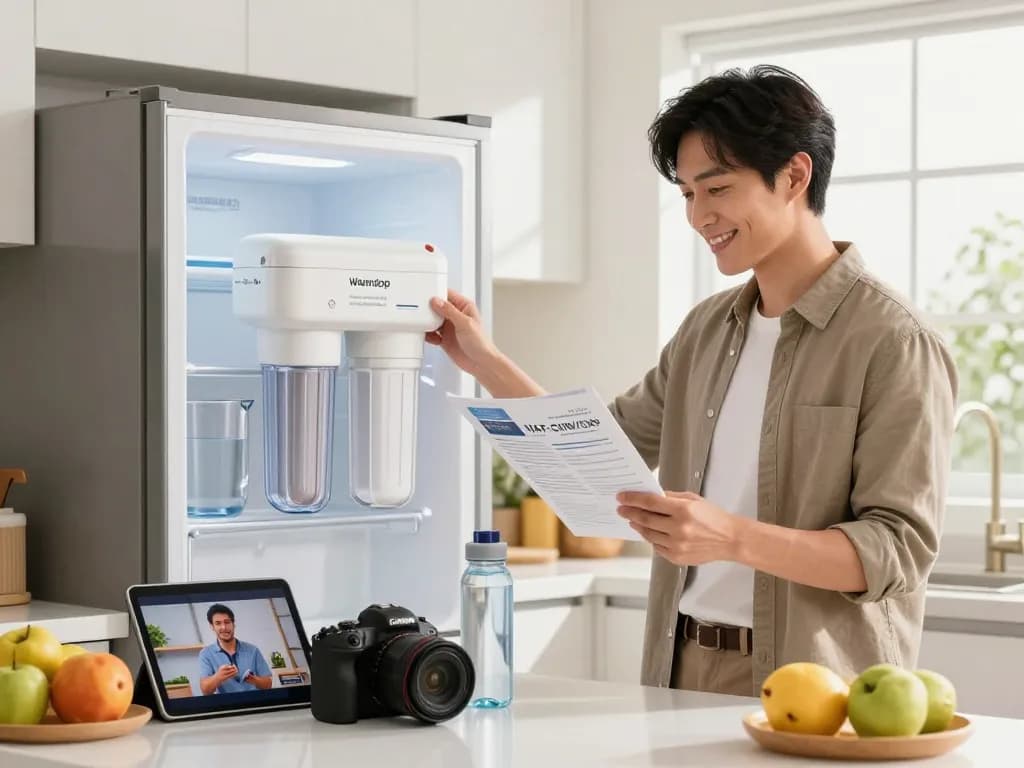 Homeowner installing Waterdrop DA29-00020B Replacement for Samsung® Water Filter HAF-CIN/EXP in a bright kitchen, symbolizing health and freshness.