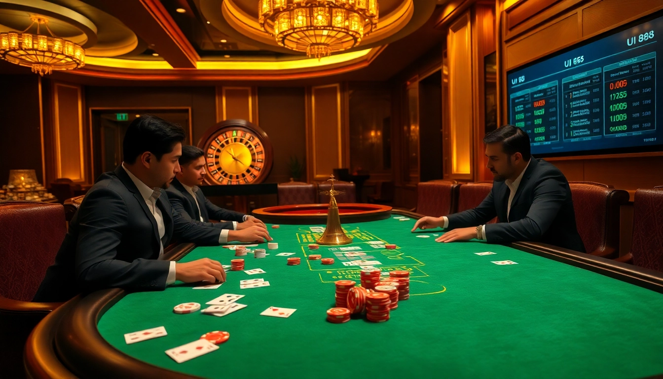 Players strategize at the UU 88 poker table, showcasing excitement in a high-stakes casino.