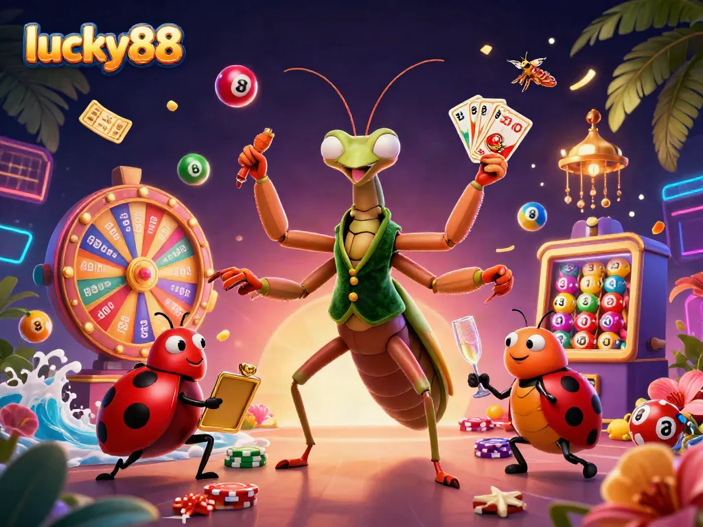Experience thrilling gameplay with lucky88's vibrant scene featuring a giant mantis and a ladybug pit boss.