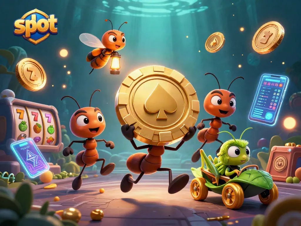 Experience thrilling slot excitement with cartoon ants heisting a giant poker chip.