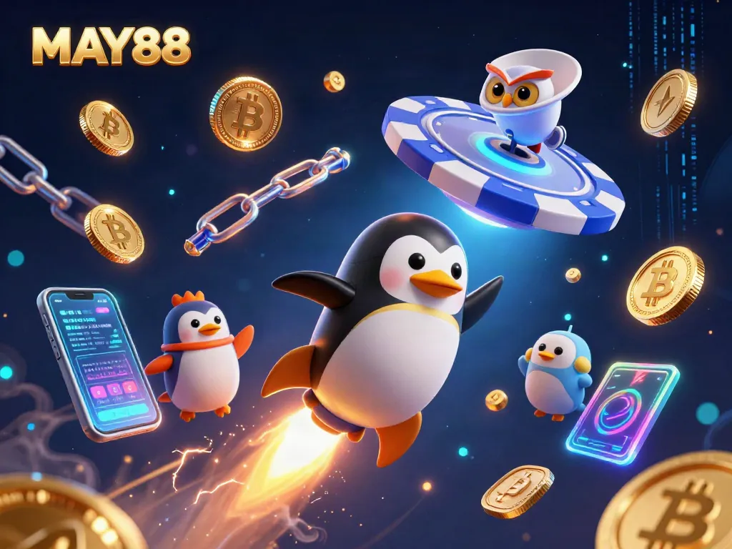 MAY88 showcases a dynamic 3D scene with a golden penguin and vibrant casino elements highlighting exciting gambling experiences.