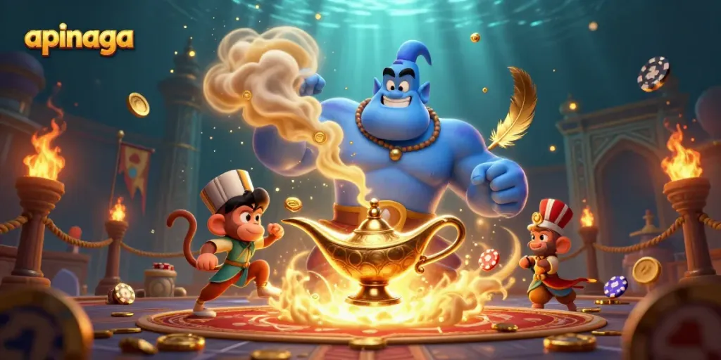 Experience apinaga's thrilling casino magic with a blue genie, monkey, and poker chip carpet.