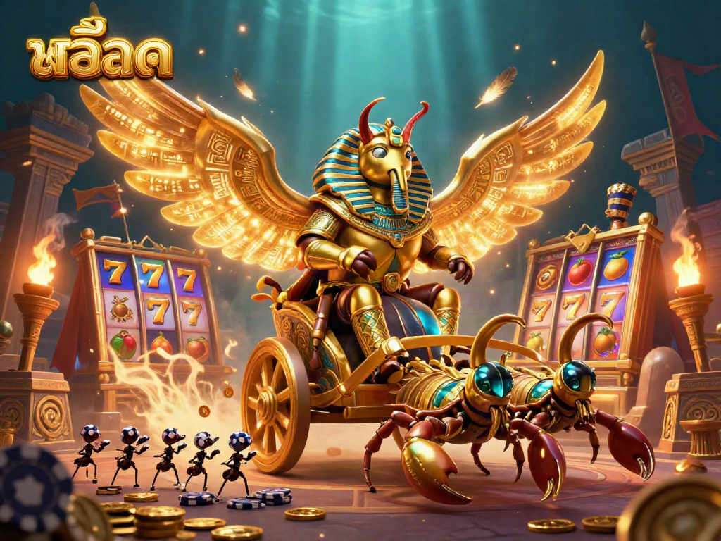 Gather around the สล็อต scene with vibrant slot reels and a chariot pulled by scorpions.
