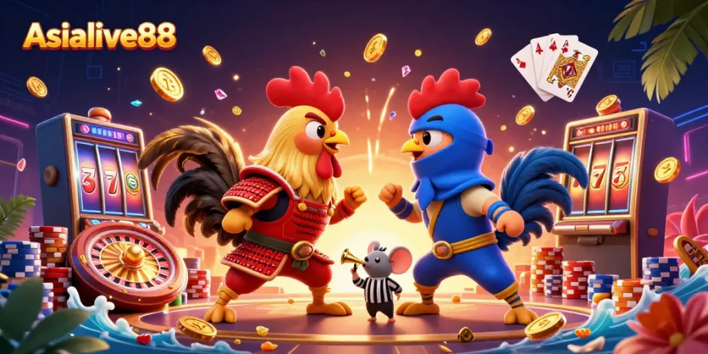 Asialive88 showcases thrilling 3D cartoon roosters in battle at a vibrant casino.