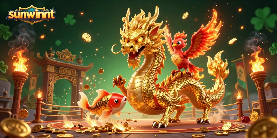 Experience the thrill of sunwinnt casino with a vibrant 3D illustration showcasing a dragon, phoenix, and coins.