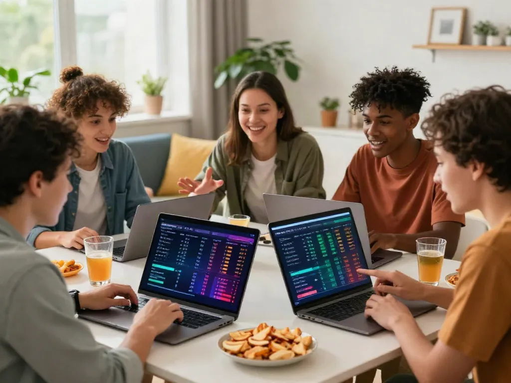 Teman-teman menikmati taruhan online Totobet dengan laptop dan statistik olahraga.