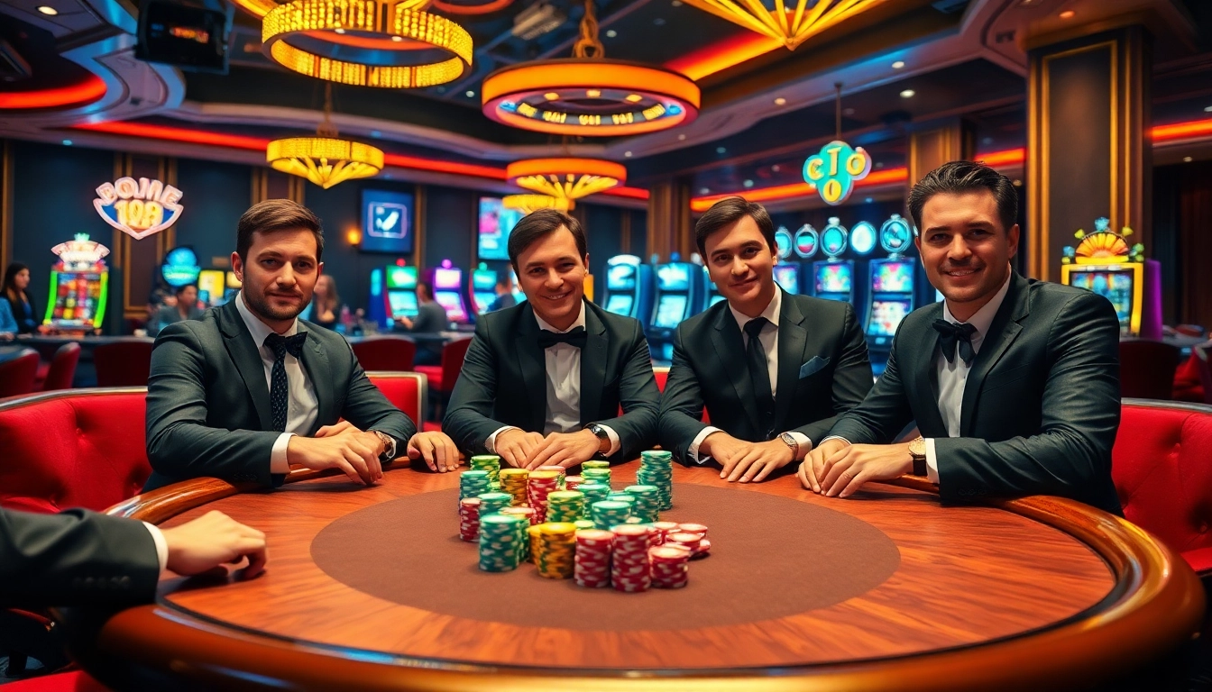 Players engage in a high-stakes poker game at KJ C with vibrant chips and an exciting atmosphere.