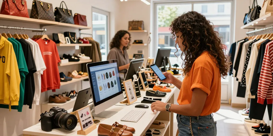 Shopper examining quality 레플리카 사이트 products in stylish retail space.
