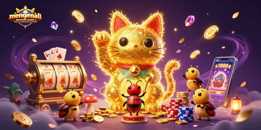 Mengenali karakter setiap provider permainan dengan ilustrasi kasino yang dinamis dan menarik, menampilkan simbol slot dan keberuntungan.