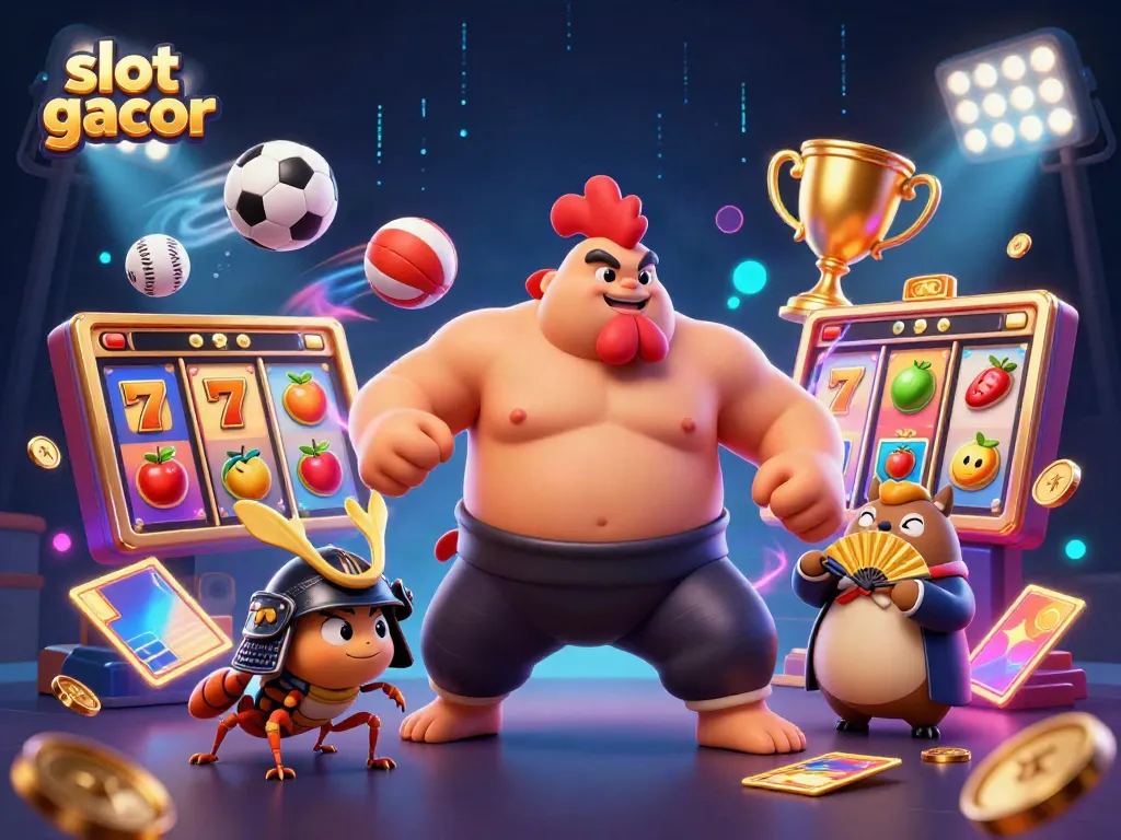 Experience the thrill of slot gacor with a dynamic 3D scene featuring a powerful rooster, fierce cricket, and tanuki announcer amidst lively gambling elements.