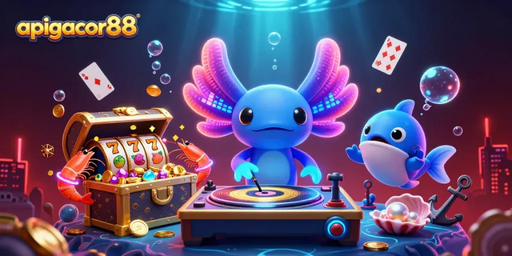 Experience thrilling gameplay with apigacor88 in a vibrant underwater casino scene filled with lively characters and exciting game elements.