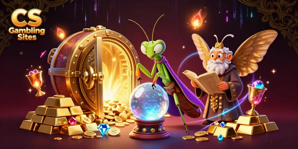 Engage with the mystical world of CS Gambling Sites through a vibrant 3D illustration of fortune tellers, treasure, and glowing elements.