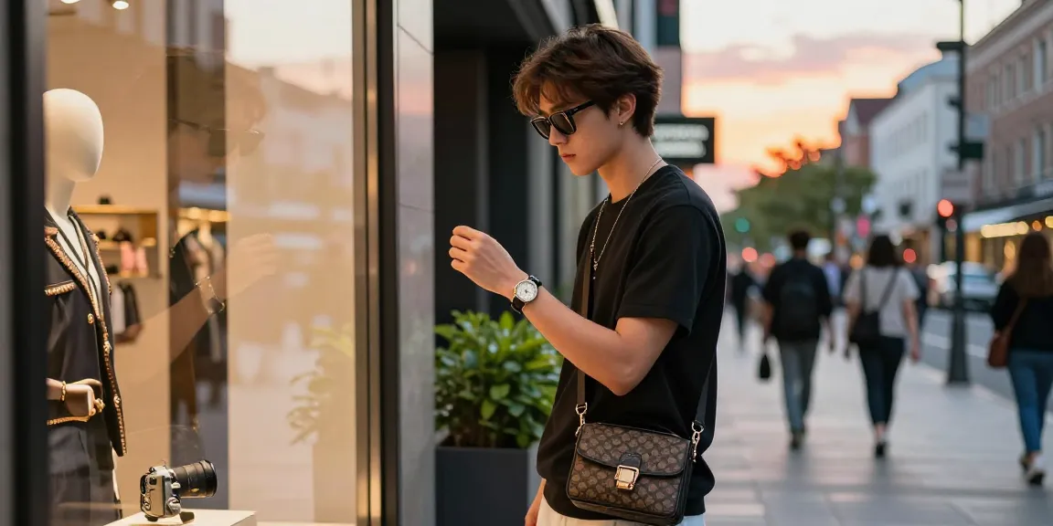 Young man showcasing a stylish 시계 레플리카 in an urban shopping scene with trendy accessories.
