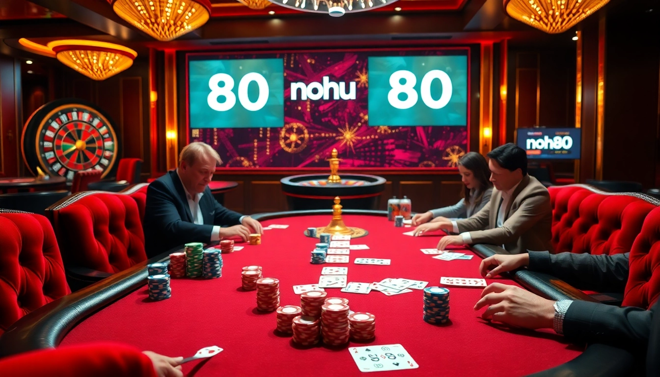 Nohu90 players strategizing at a luxurious poker table with vibrant casino ambiance.