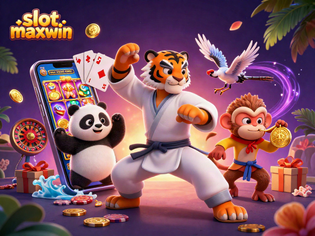 Experience the excitement of slot maxwin with kung fu characters and vibrant casino elements.