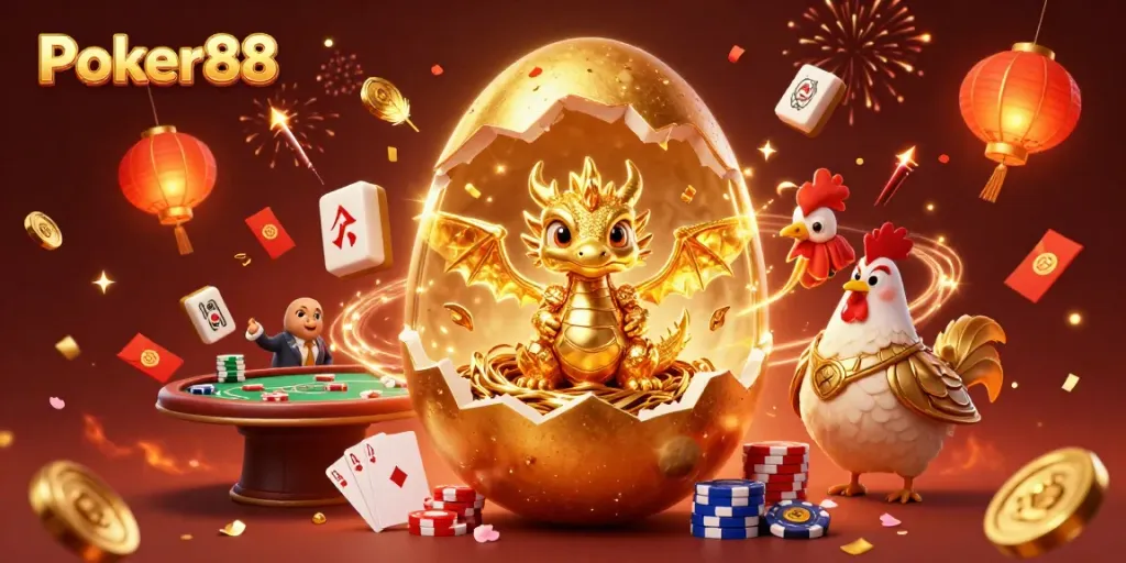 Experience Poker88 with a stunning illustration of a golden egg hatching a dragon on poker chips.