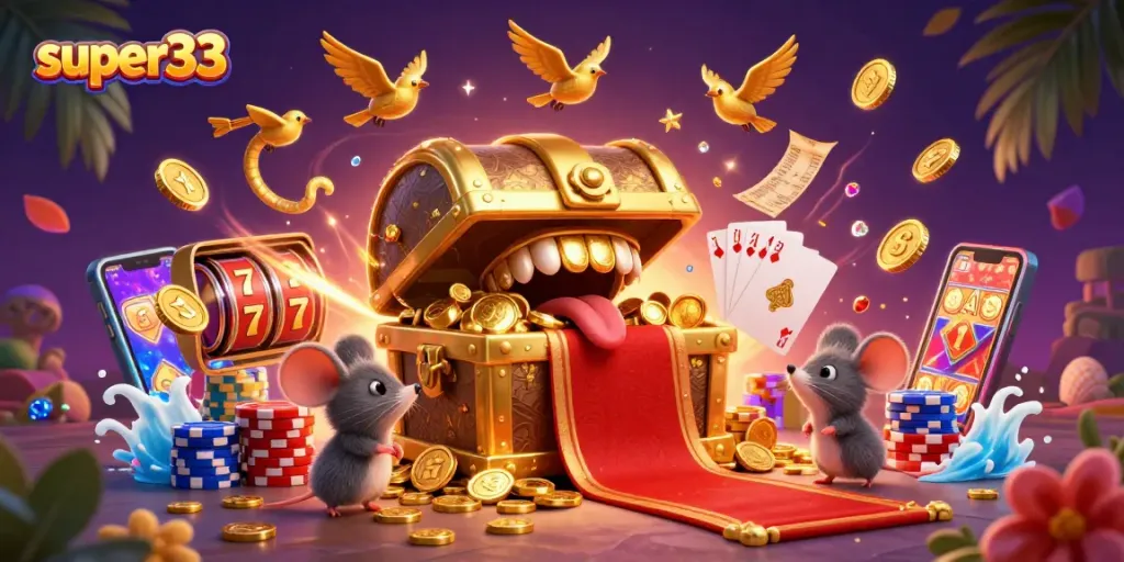 Experience thrilling gameplay showcasing super33 with vibrant slot reels, gold coins, and rich casino atmosphere.