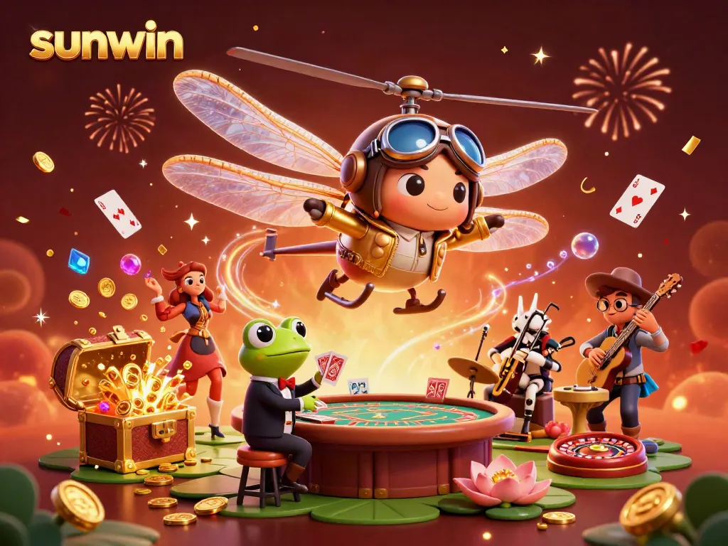 Experience thrilling gaming action at sunwin with a lively scene featuring a dragonfly pilot and card dealer.