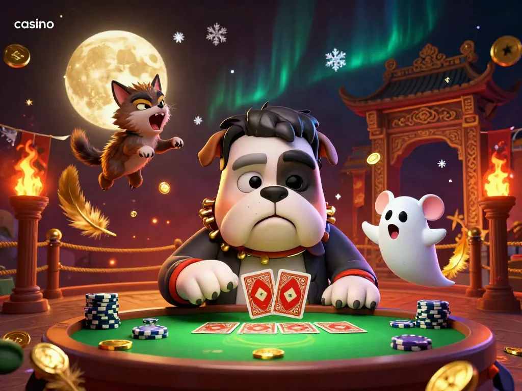 Experience thrilling casino action with a Frankenstein bulldog dealing cards at a spooky table.