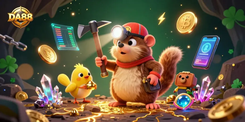 Experience thrilling gaming at DA88 with a treasure hunter mole and glowing crypto coins, showcasing excitement.