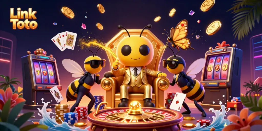 Gambarkan Link Toto di kasino digital dengan raja lebah dan karakter berwarna-warni.