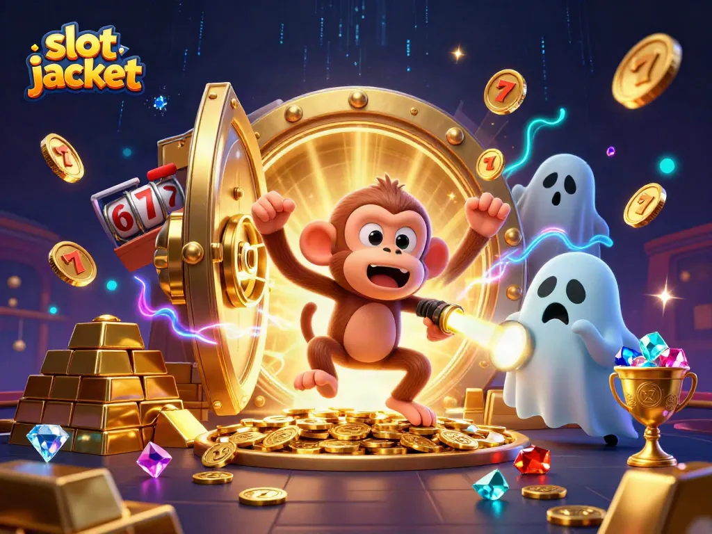 Experience the thrill of slot jackpot with a playful ghost-hunter puppy tracking a mischievous monkey in a haunted casino.