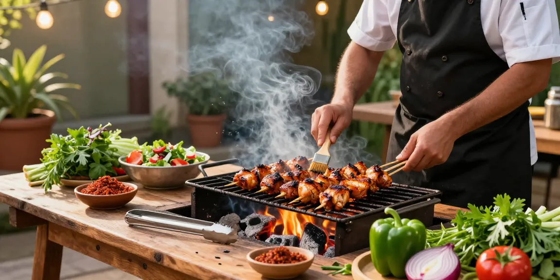 Grilled chicken skewers with sambal rawit by rokok88 capture outdoor barbecue festivity.