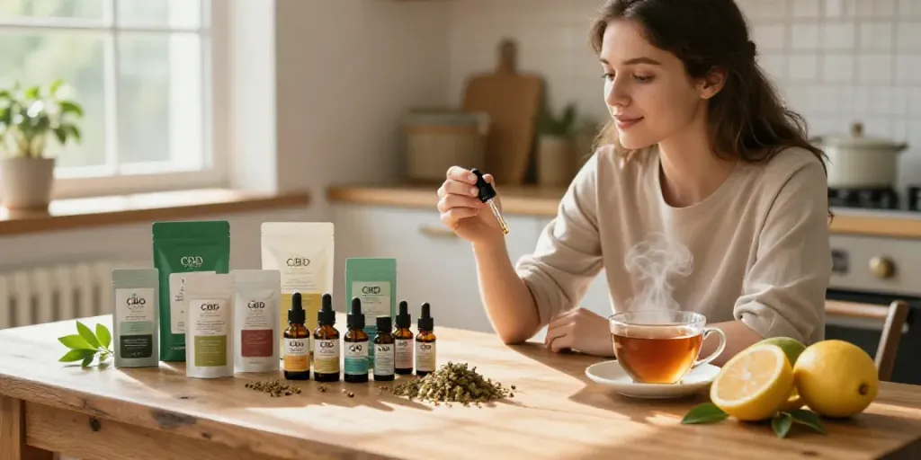 Young woman choosing CBD products in a bright kitchen, emphasizing CBD kaufen.
