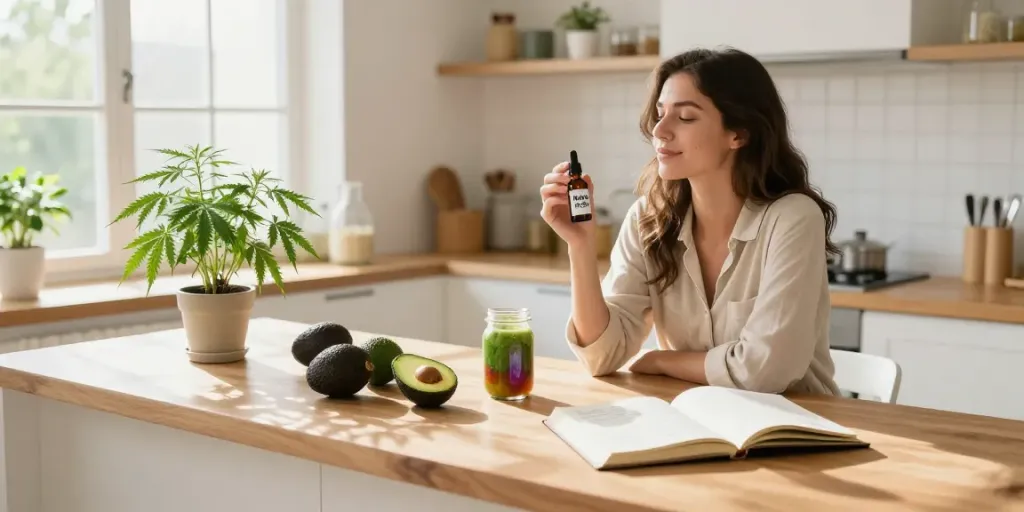 Muha meds CBD tincture with fresh smoothie in a bright wellness-focused kitchen.