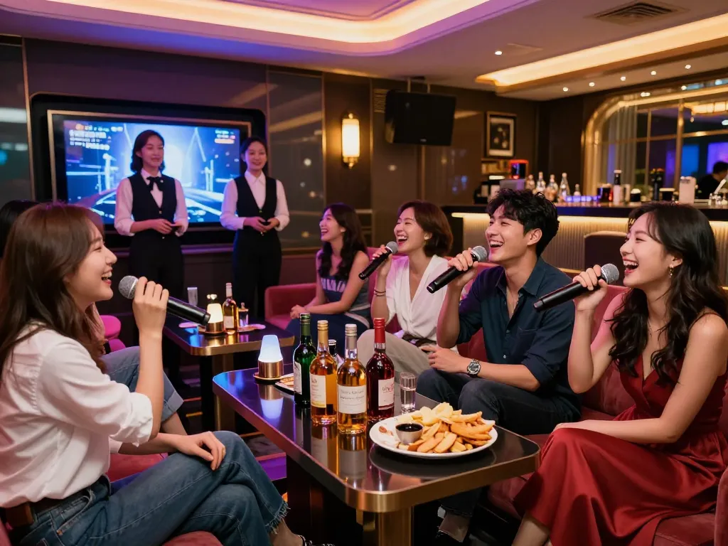 인천쓰리노 vibrant nightlife with friends singing and enjoying karaoke in a luxury bar setting