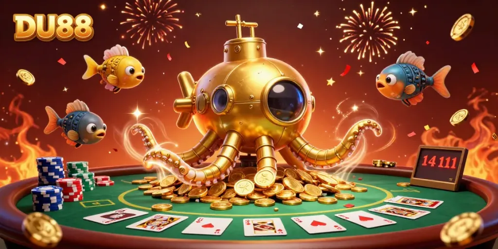 Join the excitement at DU88 with a golden kraken submarine emerging from coins amidst a vibrant casino scene.