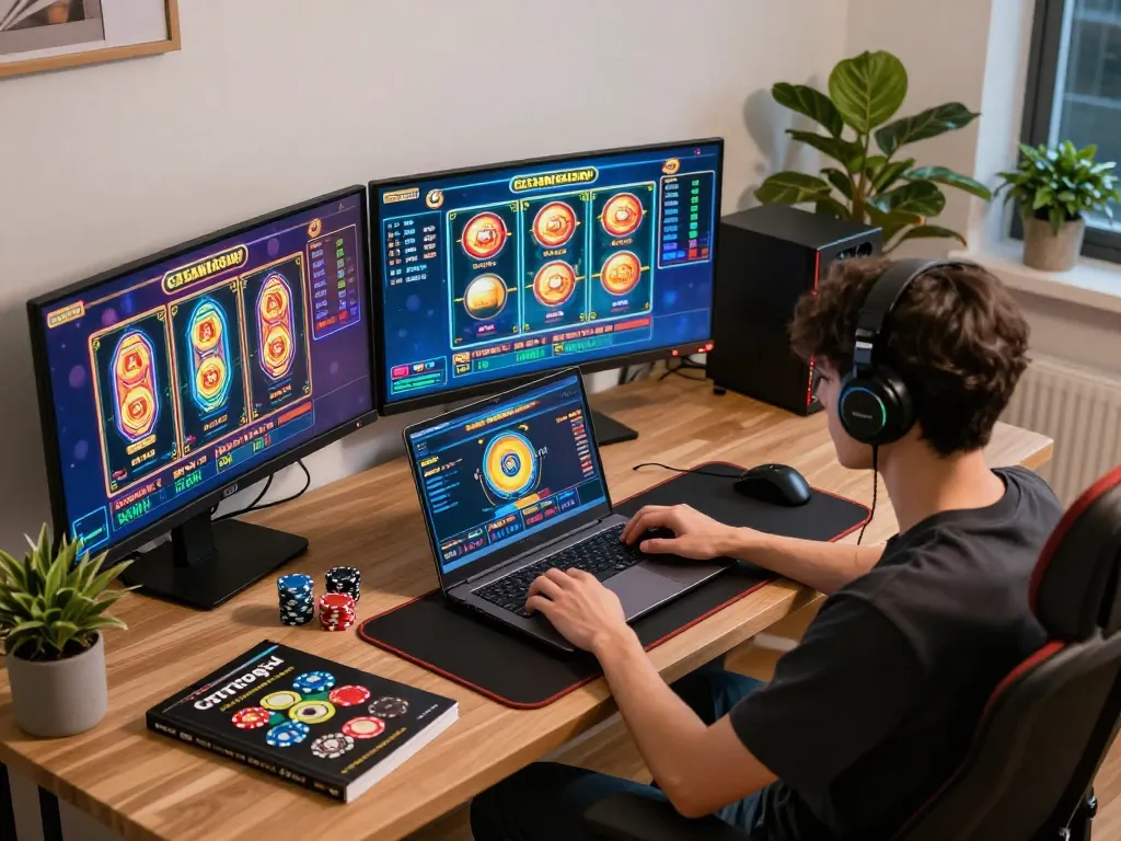 Engaging in gtatogel gameplay at a stylish online gaming setup with vibrant screen displays