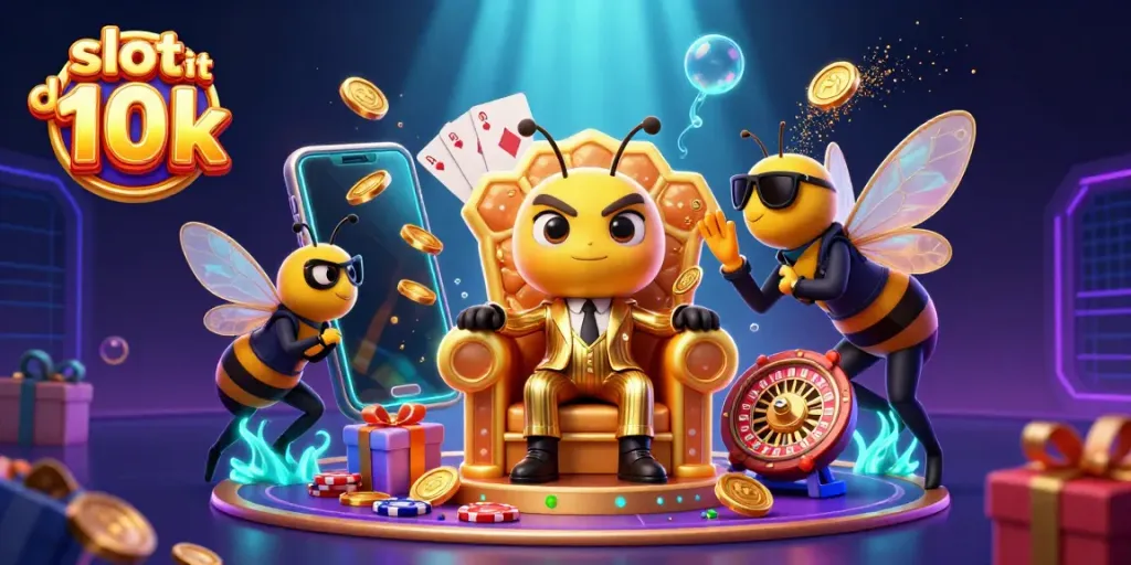 Gambarkan slot deposit 10k dengan ilustrasi 3D bos lebah kartu yang dikelilingi elemen slot menarik.