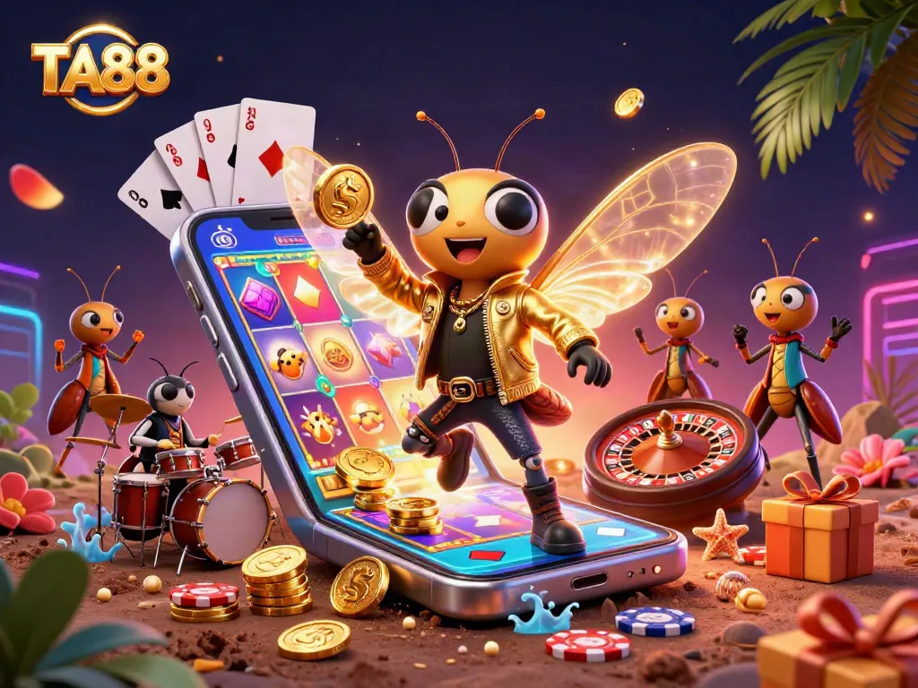 Experience buzzing fun with TA88, featuring a rock star cicada in a casino-themed illustration.